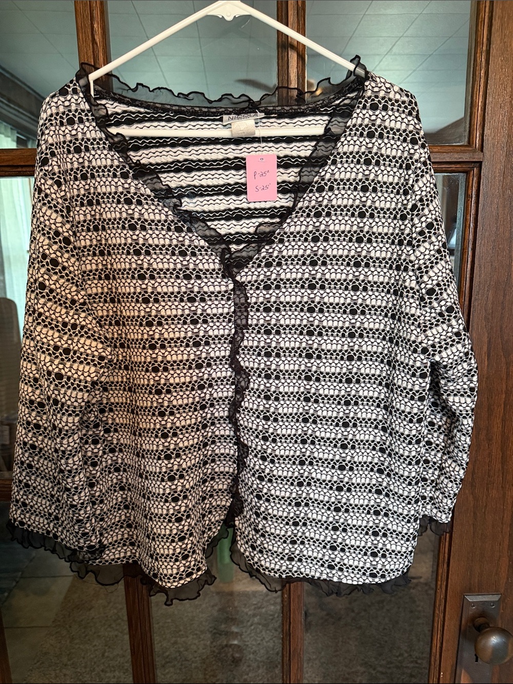 NICOLA Black and White Lace-Trim V-Neck Cardigan